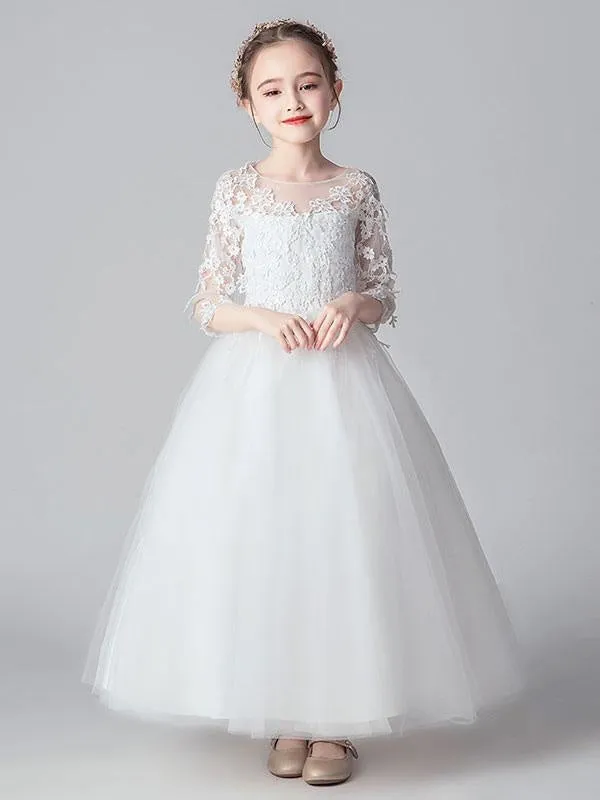 3/4 Length Sleeves Ankle-Length PrincessWhite Flower Girl Dresses Tulle Formal Kids Pageant Dresses