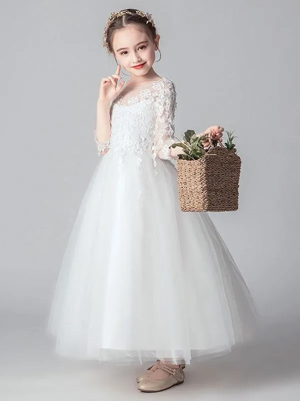 3/4 Length Sleeves Ankle-Length PrincessWhite Flower Girl Dresses Tulle Formal Kids Pageant Dresses