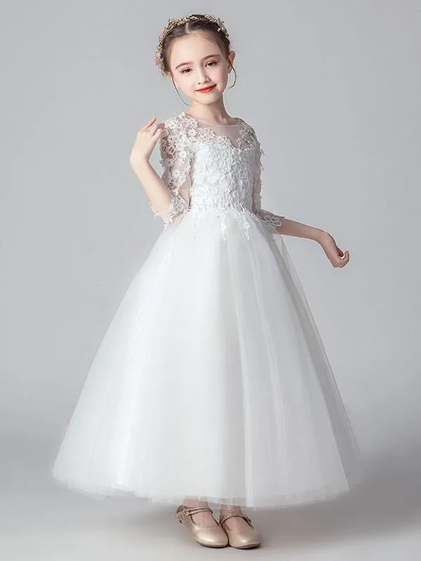 3/4 Length Sleeves Ankle-Length PrincessWhite Flower Girl Dresses Tulle Formal Kids Pageant Dresses