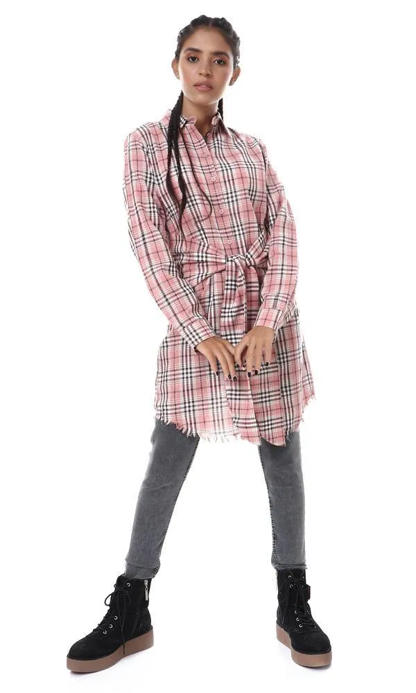 56550 Distressed Trim Full Sleeves Long Shirt - Dusty Rose & Brown