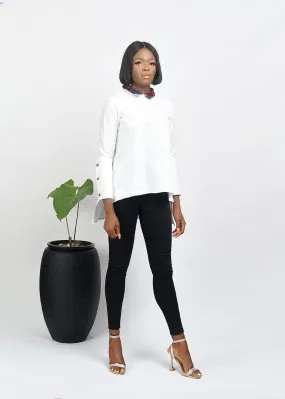 Aimas Bwola High-low shirt with Adire collar and Adire button details