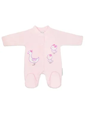 Appliqué Mother Duck & Ducklings Pink Velour Sleepsuit