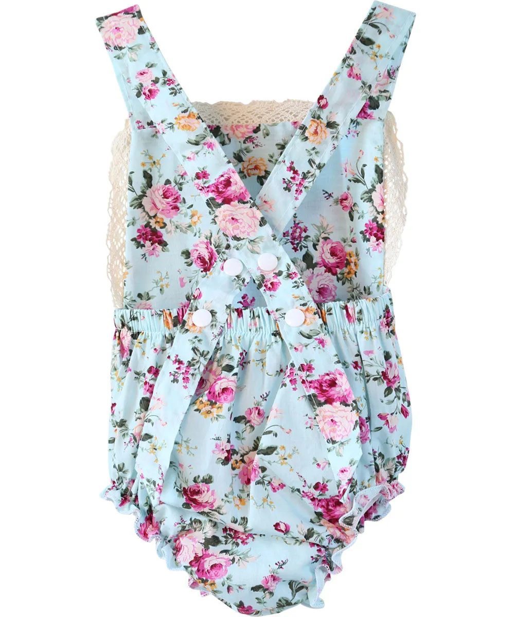 Baby Girl Aqua Floral Romper With Vintage Lace Eyelet Trim