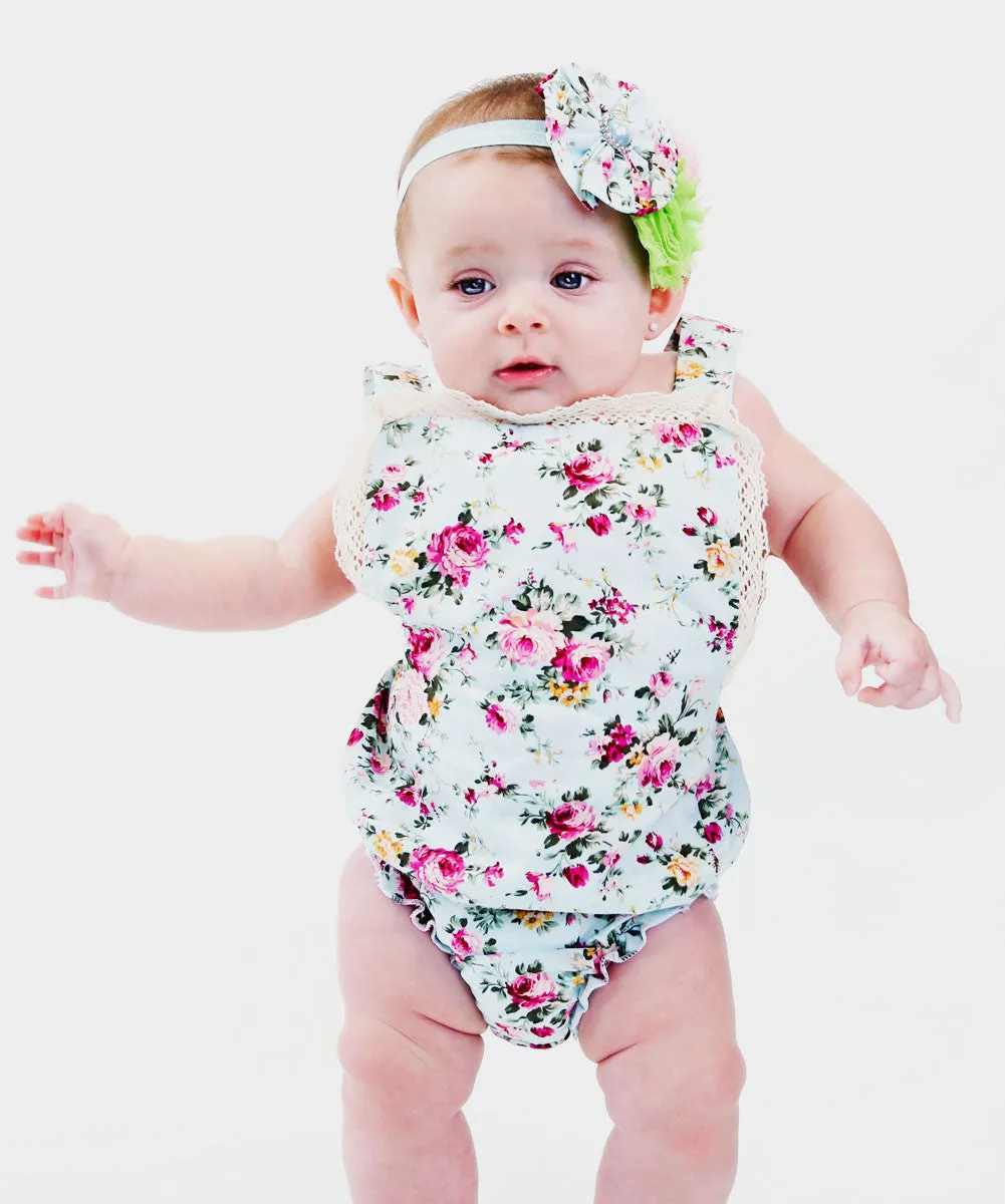 Baby Girl Aqua Floral Romper With Vintage Lace Eyelet Trim