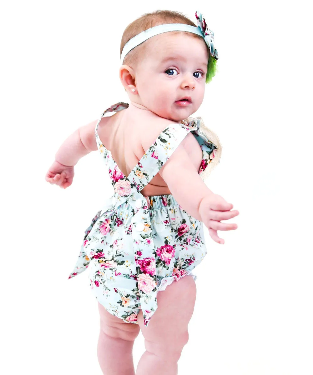 Baby Girl Aqua Floral Romper With Vintage Lace Eyelet Trim