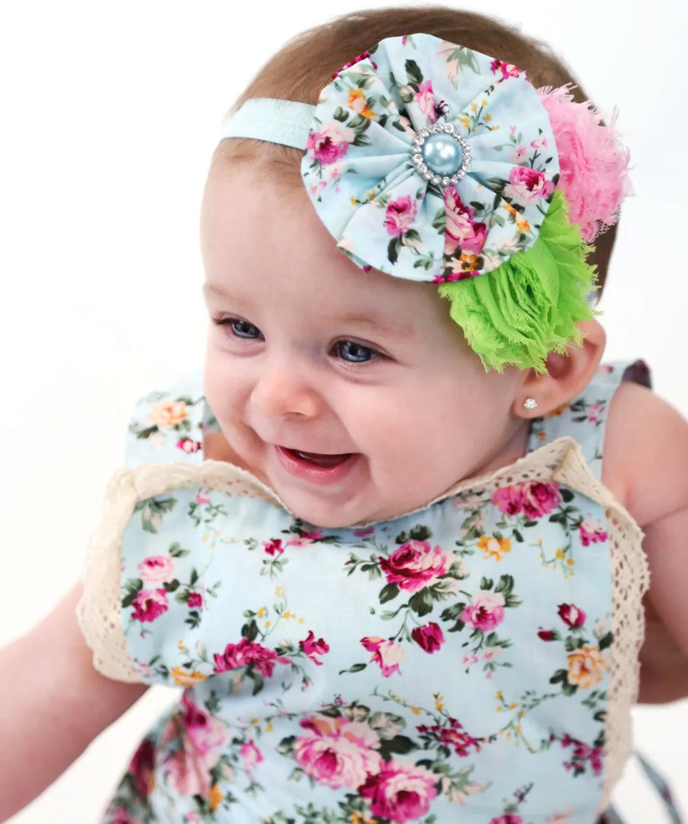 Baby Girl Aqua Floral Romper With Vintage Lace Eyelet Trim