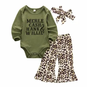 Baby Girl Country Music Outfit Leopard Flare Pants Willie Cash Hank Merle Onesie Set