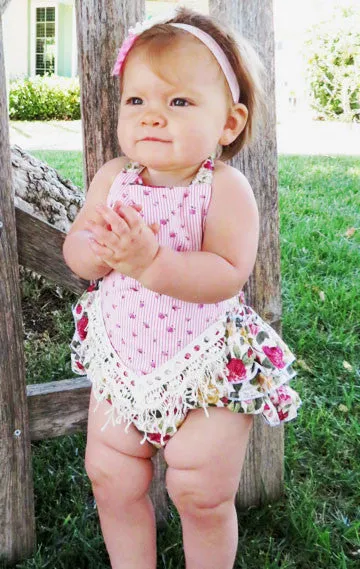 Baby Girl Floral Romper With Rosebuds and Vintage Lace Trim