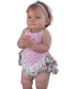 Baby Girl Floral Romper With Rosebuds and Vintage Lace Trim