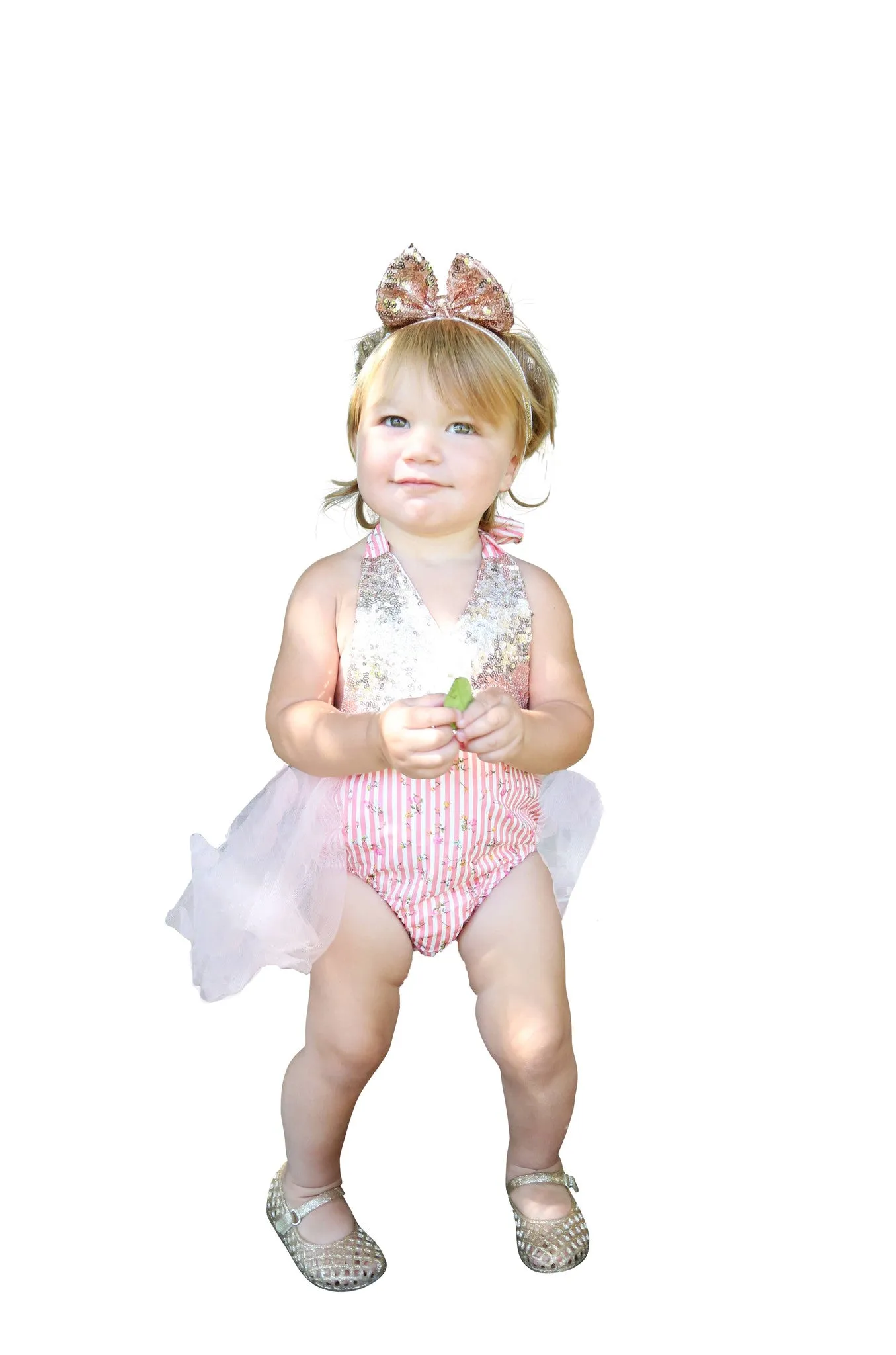 Baby Girl Floral Tutu Romper with Sequins Pink and Gold