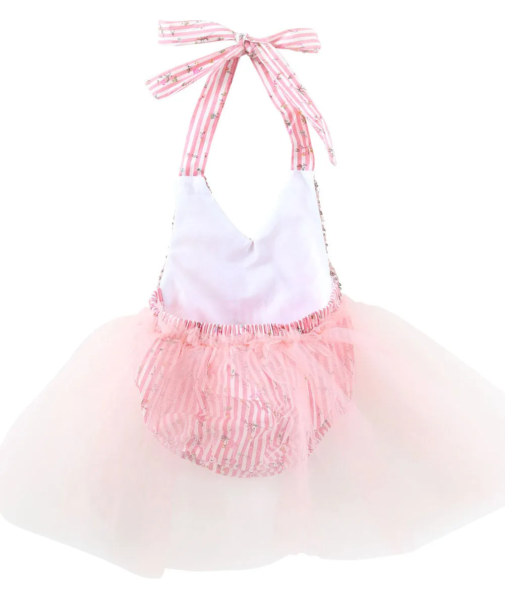 Baby Girl Floral Tutu Romper with Sequins Pink and Gold