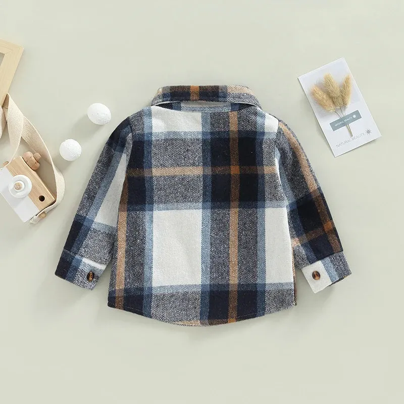 Baby Girl Lapel-Long Plaid Shirt Jacket