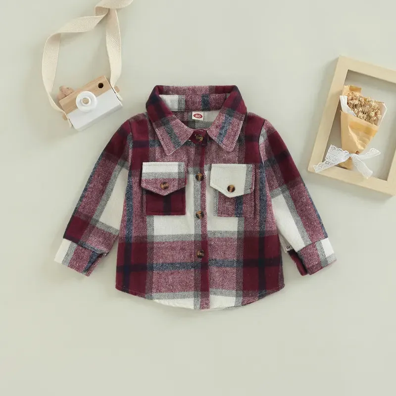 Baby Girl Lapel-Long Plaid Shirt Jacket