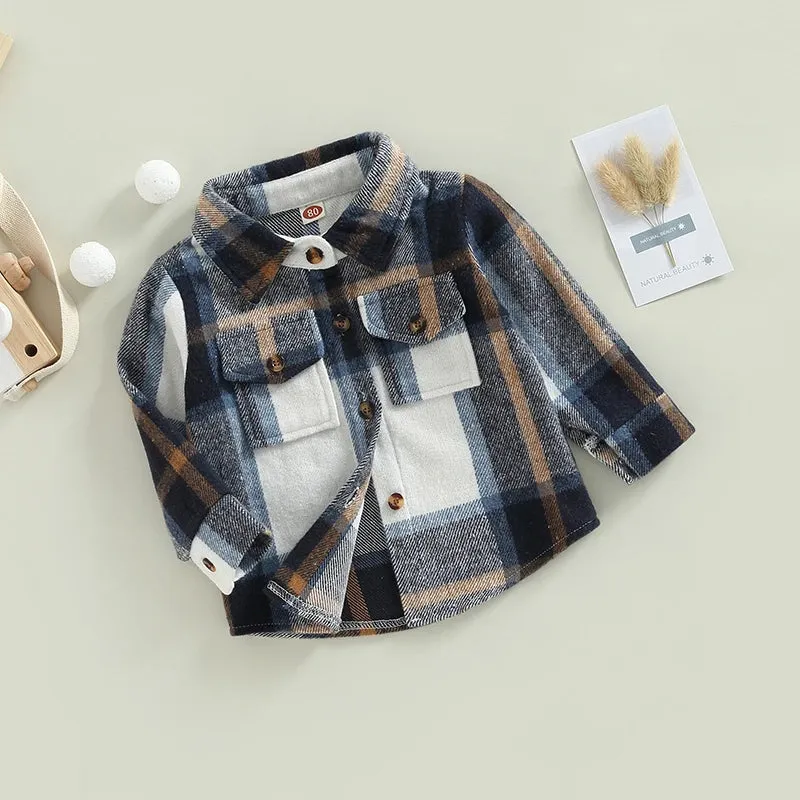 Baby Girl Lapel-Long Plaid Shirt Jacket