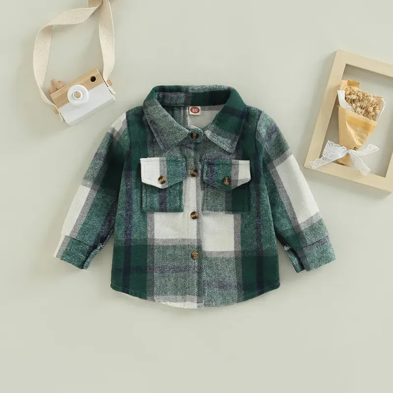 Baby Girl Lapel-Long Plaid Shirt Jacket