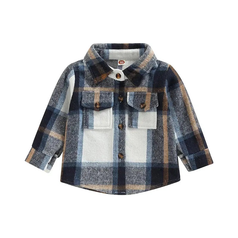 Baby Girl Lapel-Long Plaid Shirt Jacket