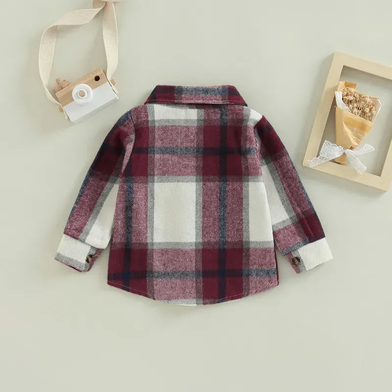 Baby Girl Lapel-Long Plaid Shirt Jacket