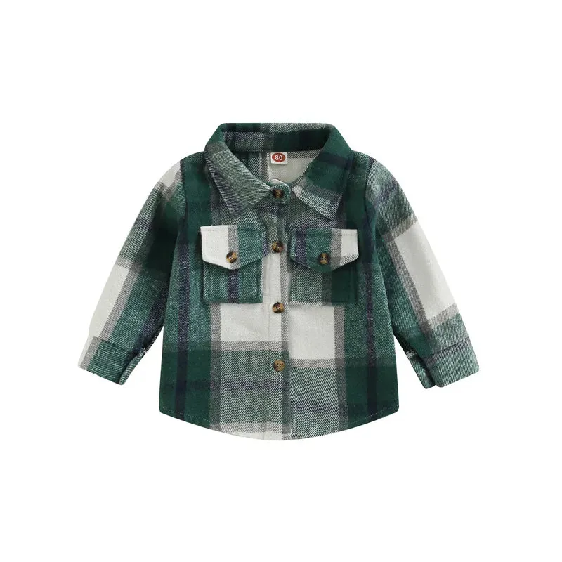 Baby Girl Lapel-Long Plaid Shirt Jacket