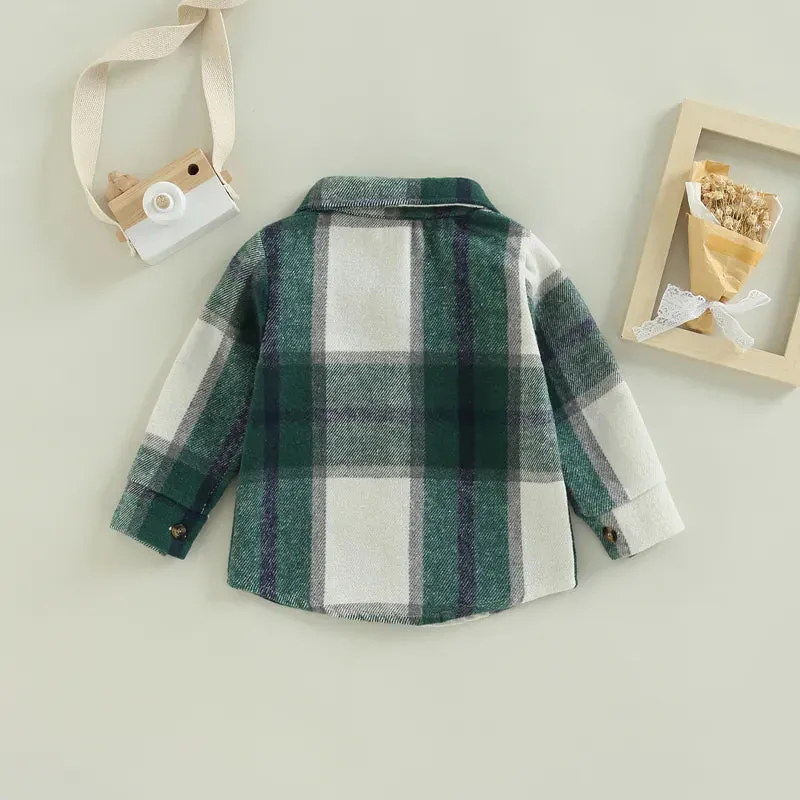 Baby Girl Lapel-Long Plaid Shirt Jacket