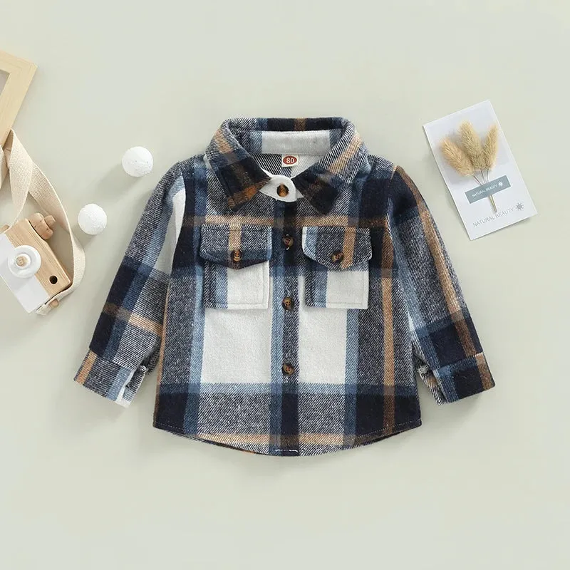 Baby Girl Lapel-Long Plaid Shirt Jacket