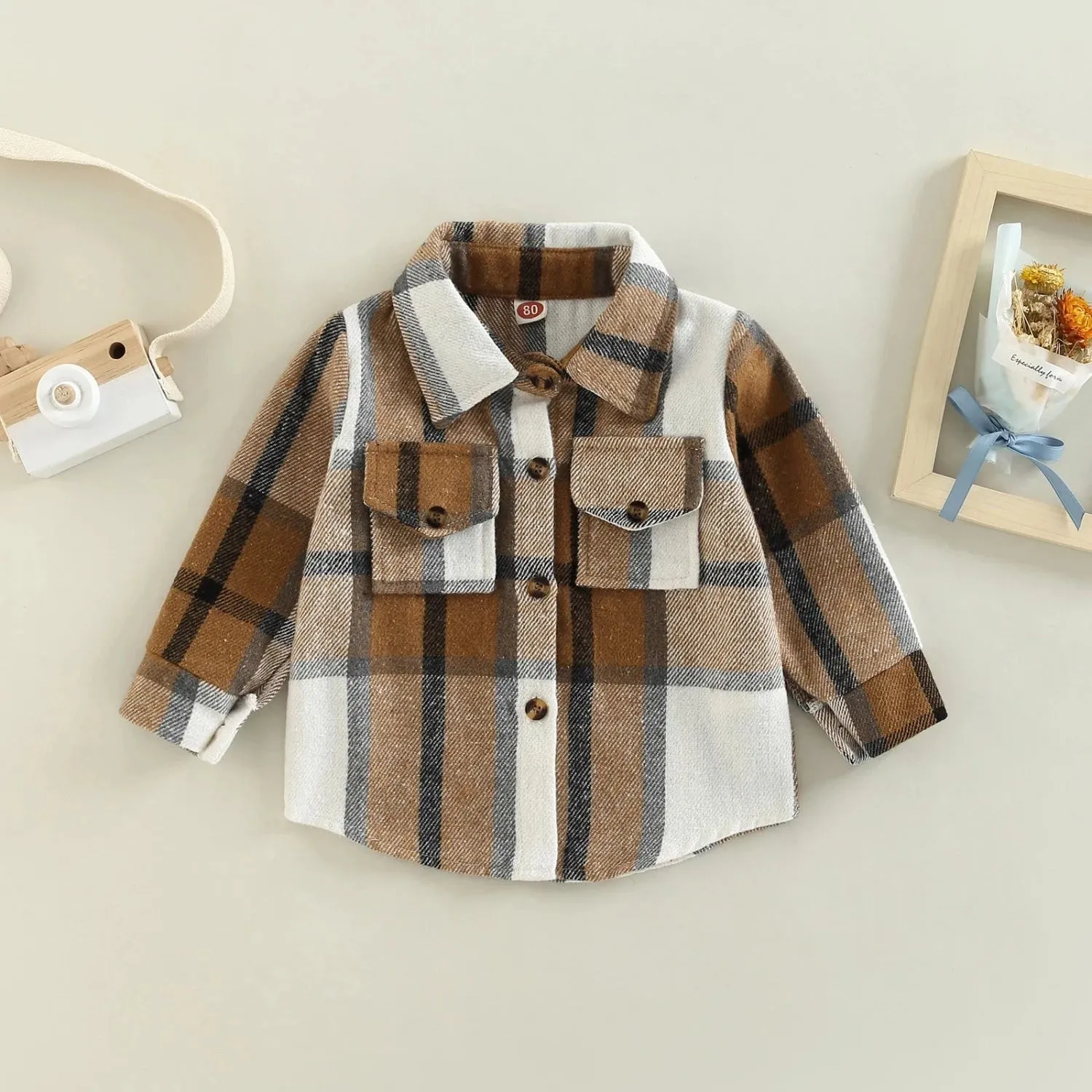 Baby Girl Lapel-Long Plaid Shirt Jacket