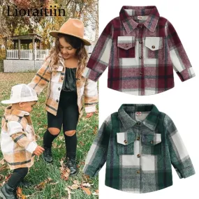 Baby Girl Lapel-Long Plaid Shirt Jacket