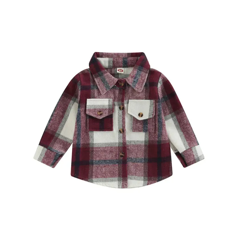 Baby Girl Lapel-Long Plaid Shirt Jacket