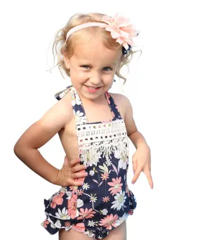 Baby Girl Navy Floral Romper With Peach Flowers and Lace Trim