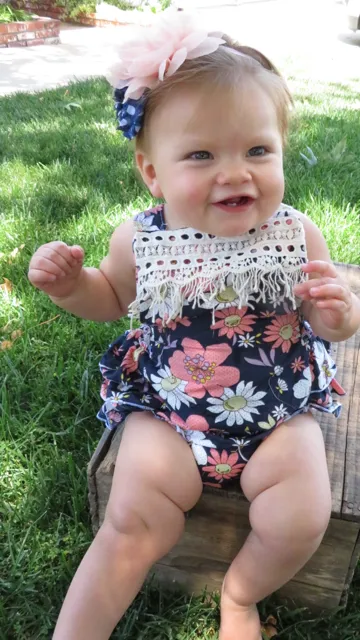 Baby Girl Navy Floral Romper With Peach Flowers and Lace Trim