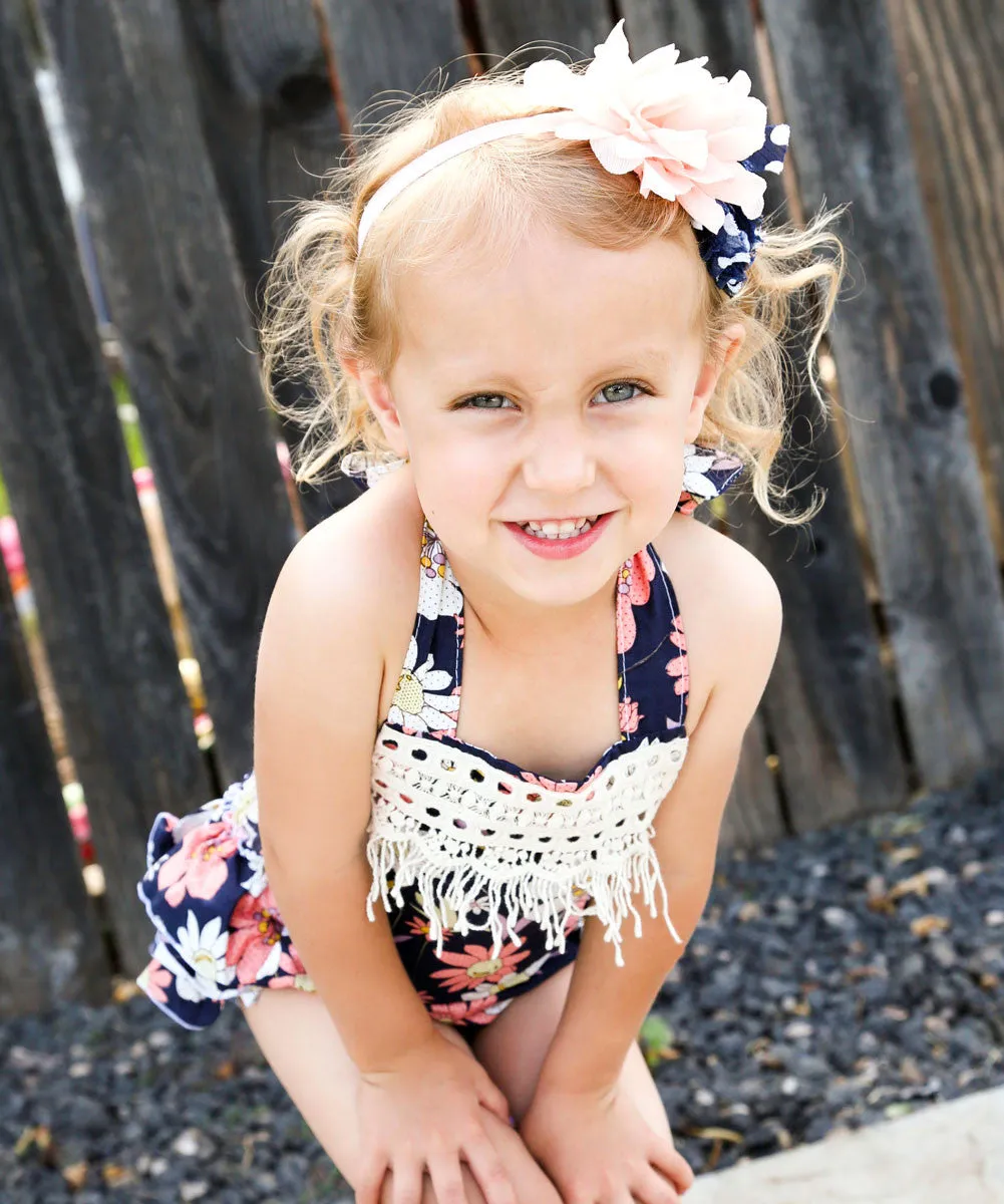 Baby Girl Navy Floral Romper With Peach Flowers and Lace Trim