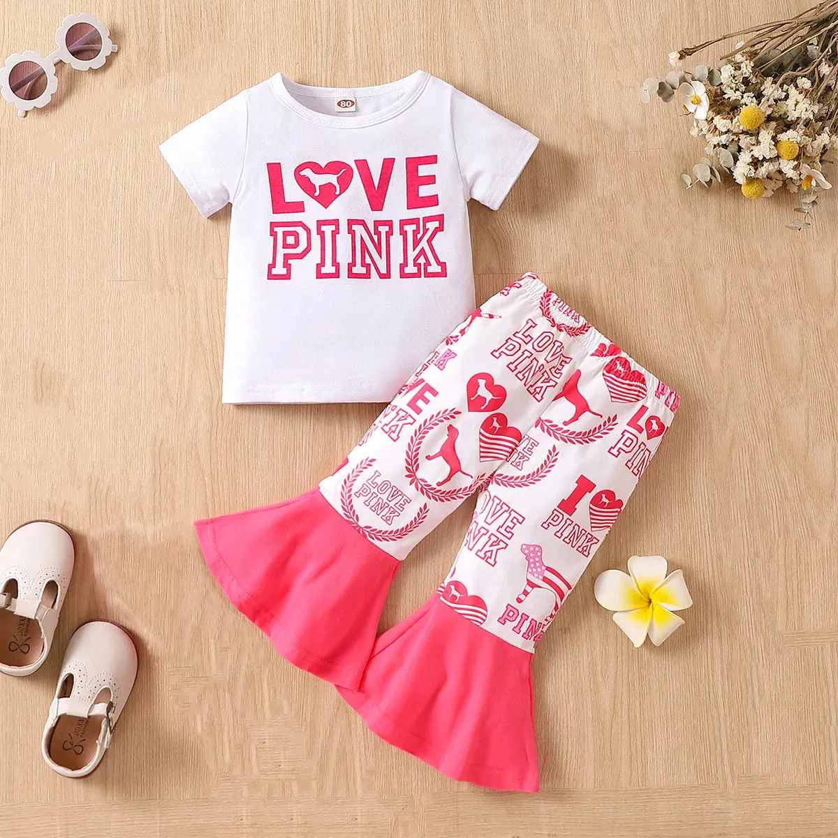 Baby Girl Summer Short Love European Flare Pants Top Set