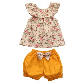 Baby Girl Vintage Floral Flutter Sleeve Tank with Mustard Bloomer Shorts