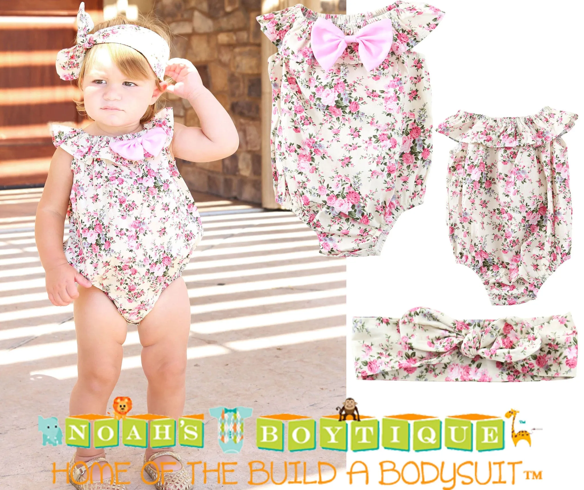 Baby Girl Vintage Floral Print Summer Romper with Head Wrap