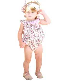 Baby Girl Vintage Floral Print Summer Romper with Head Wrap