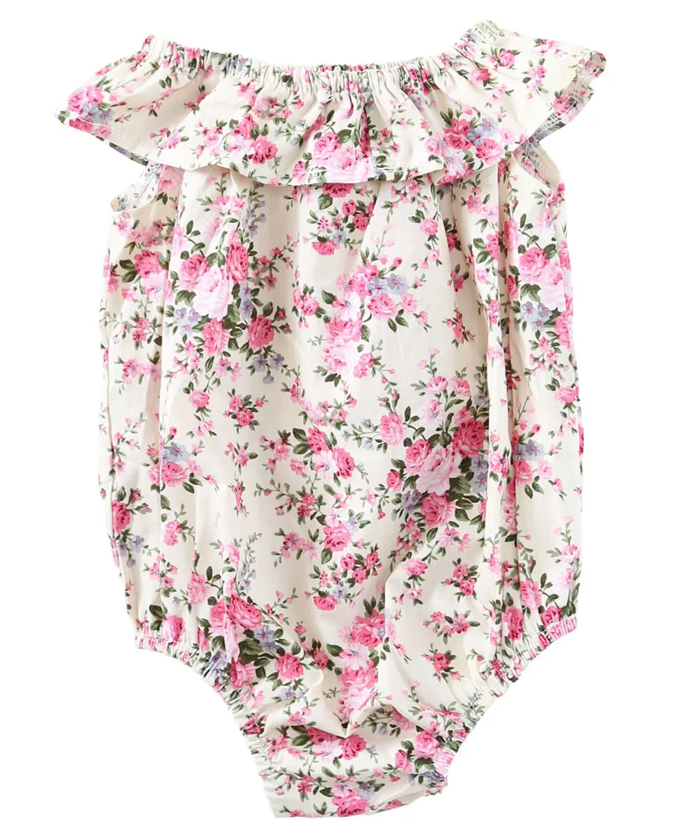 Baby Girl Vintage Floral Print Summer Romper with Head Wrap