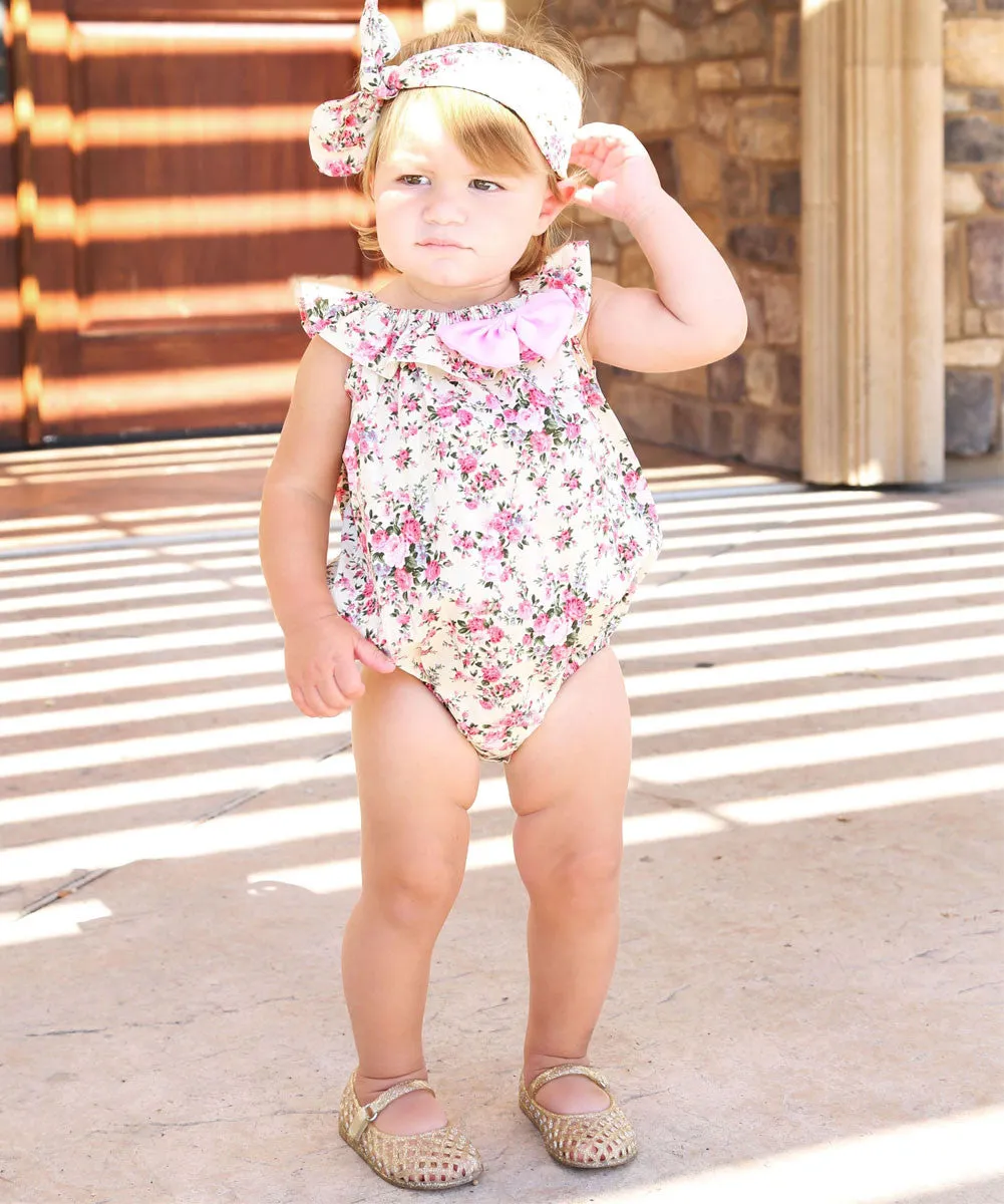 Baby Girl Vintage Floral Print Summer Romper with Head Wrap