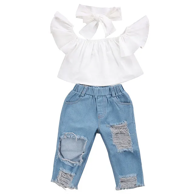 Baby Girl White Off the Shoulder Flutter Sleeve Set with Distressed Denim