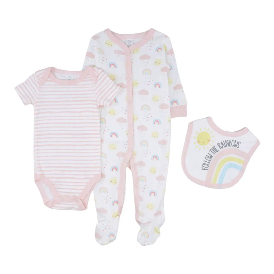 Baby Kiss 3 Pc Layette Set - Sleeper, Bodysuit & Bib - Follow The Rainbows