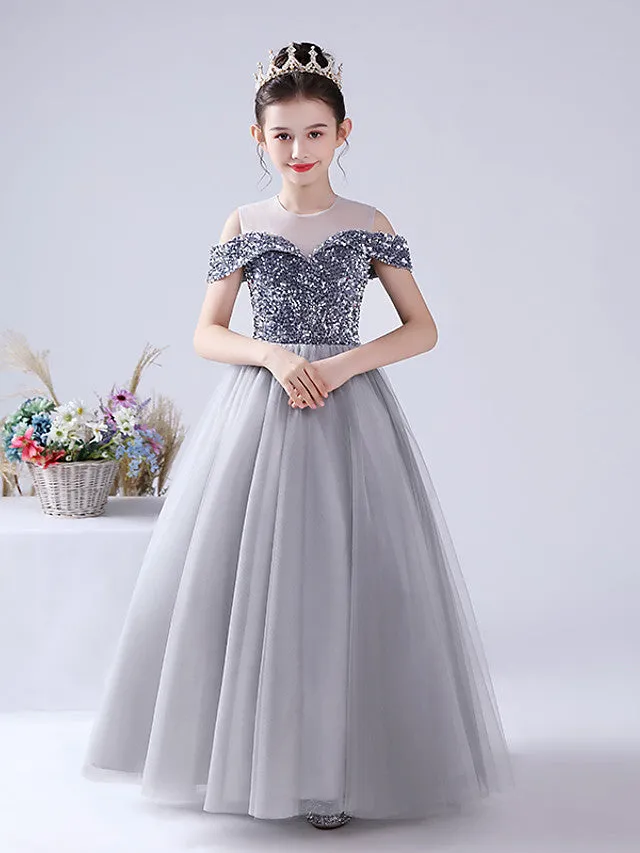 Ball Gown Tulle Sequined Off The Shoulder Jewel Neck Party Birthday Flower Girl Dresses