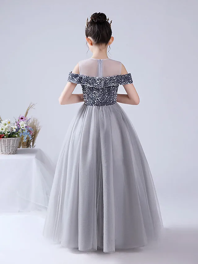 Ball Gown Tulle Sequined Off The Shoulder Jewel Neck Party Birthday Flower Girl Dresses