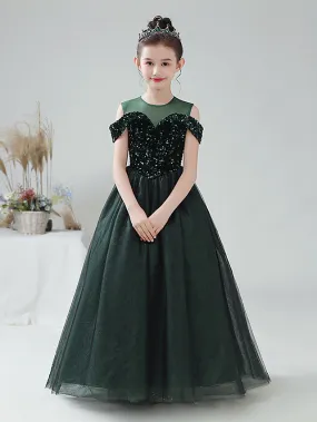 Ball Gown Tulle Sequined Off The Shoulder Jewel Neck Party Birthday Flower Girl Dresses