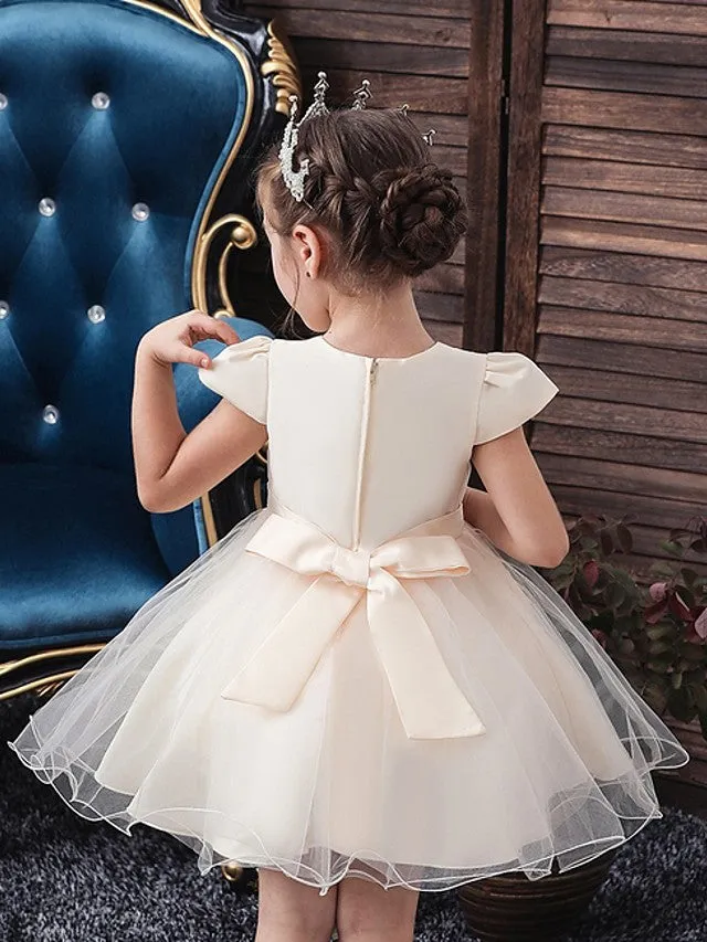 Ball Gown Tulle Short Sleeve V Neck Wedding Party Flower Girl Dresses