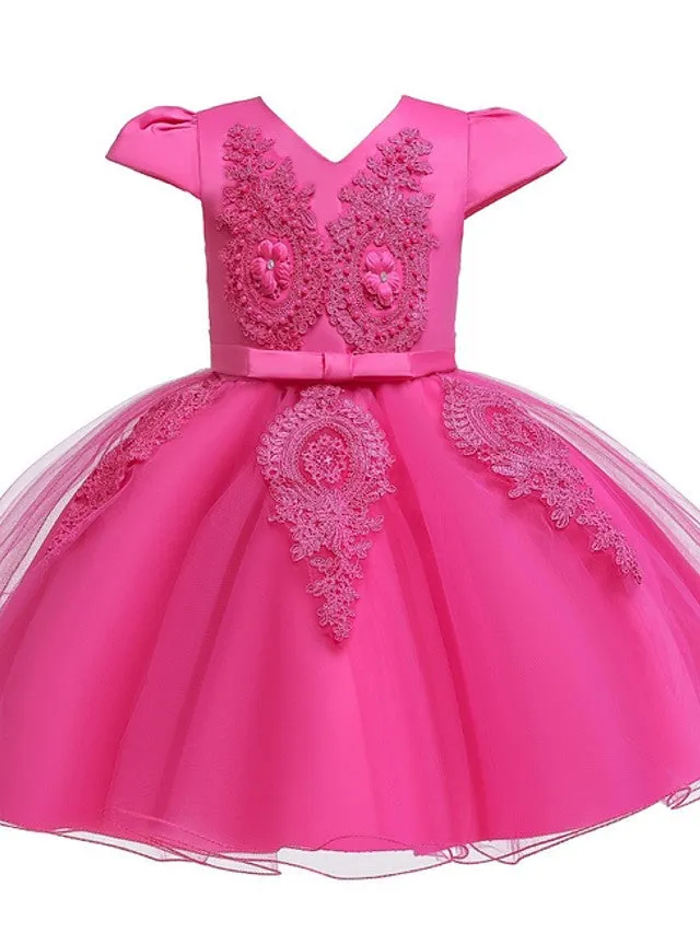 Ball Gown Tulle Short Sleeve V Neck Wedding Party Flower Girl Dresses