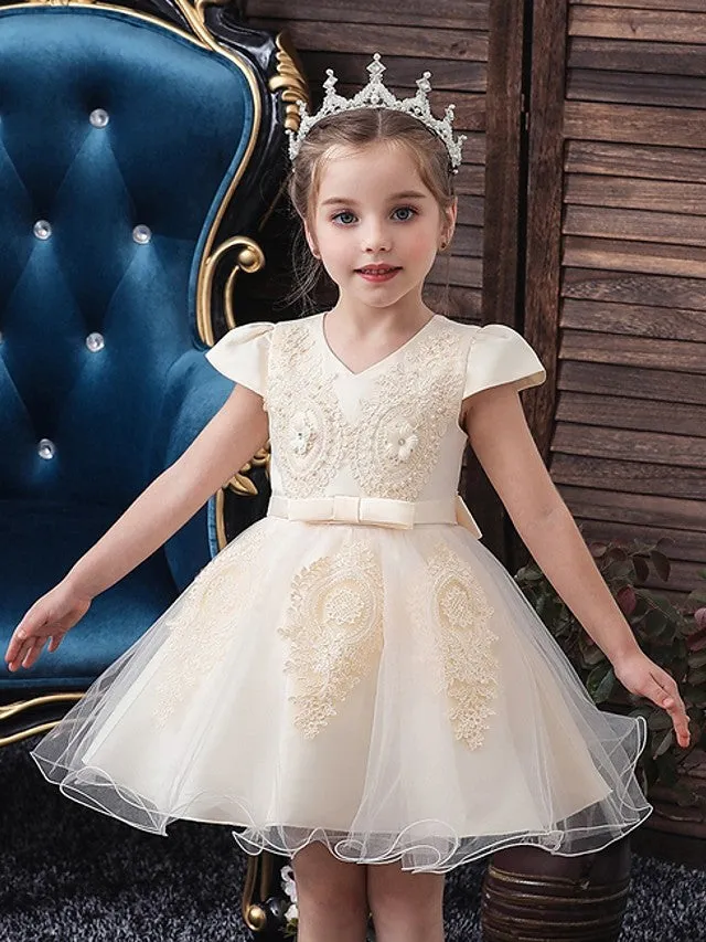 Ball Gown Tulle Short Sleeve V Neck Wedding Party Flower Girl Dresses