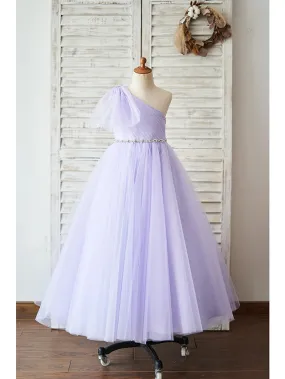 Ball Gown Tulle Sleeveless One Shoulder Wedding Birthday Flower Girl Dresses