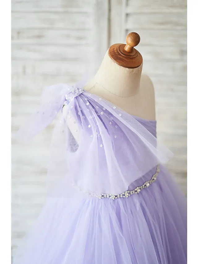 Ball Gown Tulle Sleeveless One Shoulder Wedding Birthday Flower Girl Dresses