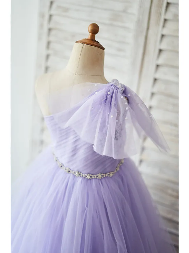 Ball Gown Tulle Sleeveless One Shoulder Wedding Birthday Flower Girl Dresses