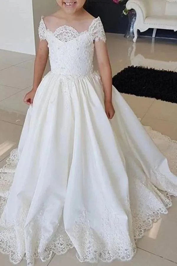 Beautiful Long A-line Satin Lace Flower Girl Dress with Beads