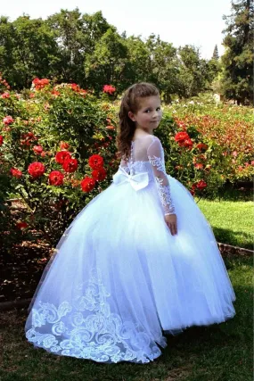 Beautiful Long A-line Tulle Lace Beaded Flower Girl Dresses With Sleeves