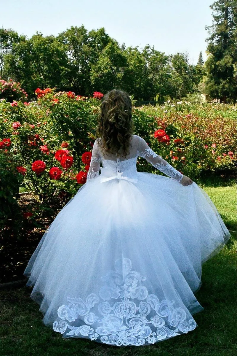 Beautiful Long A-line Tulle Lace Beaded Flower Girl Dresses With Sleeves